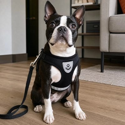 Harnais chien assis dans le salon