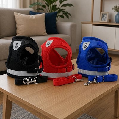 Harnais chien bleu, rouge et noir avec laisse posés sur une table