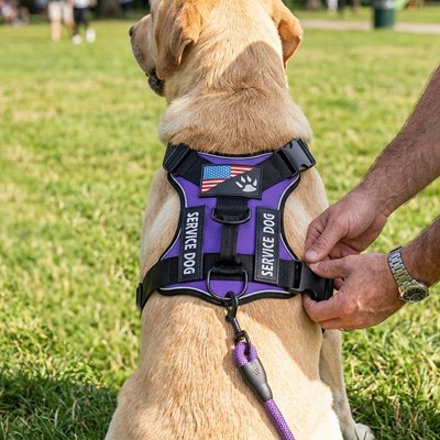 Harnais chien d'assistance heureux qui fait ajuster son harnais