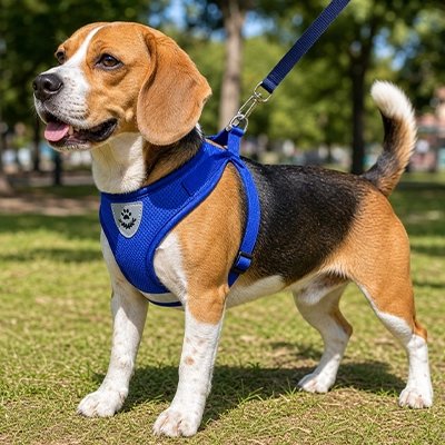 Harnais chien respirant bleu beagle dans un parc