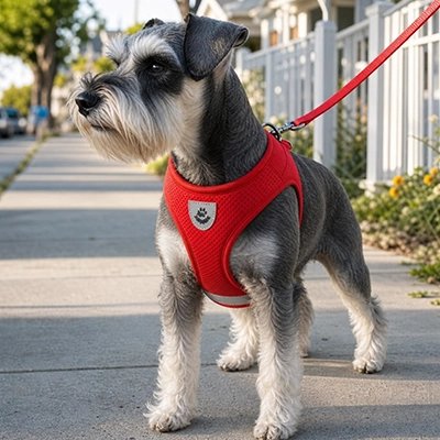 Harnais chien rouge fox terrier dans la rue
