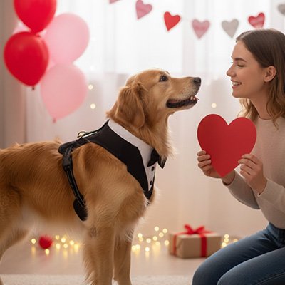 Harnais smoking chien avec ballons et coeur rouge