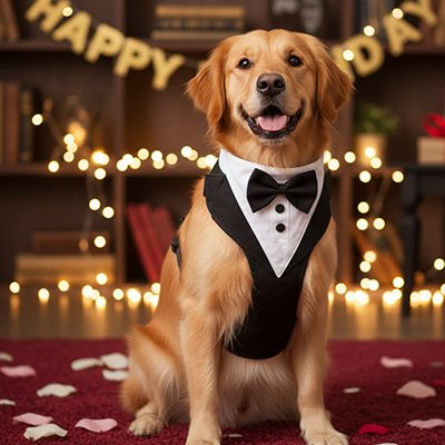 Harnais smoking chien dans une salle de reception