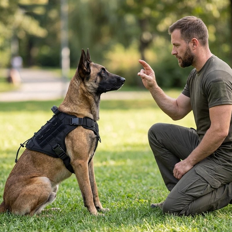 Harnais tactique chien assis face a son maitre