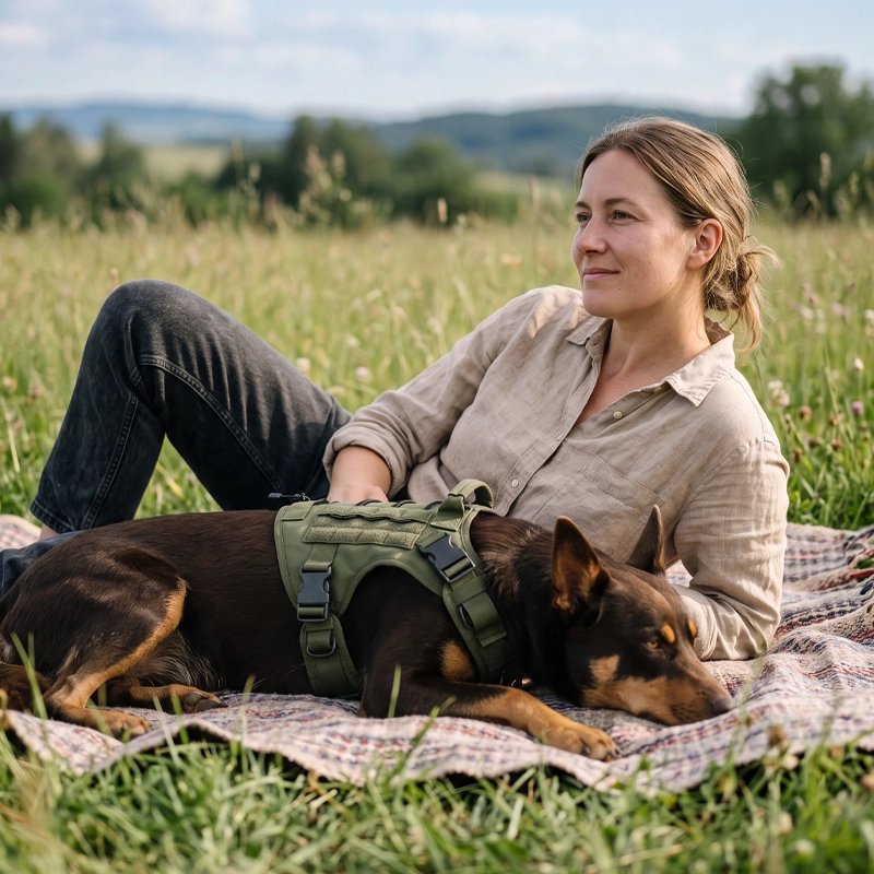 Harnais tactique chien couche avec sa maitresse