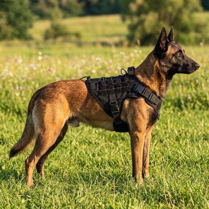 Harnais tactique chien dans un champ