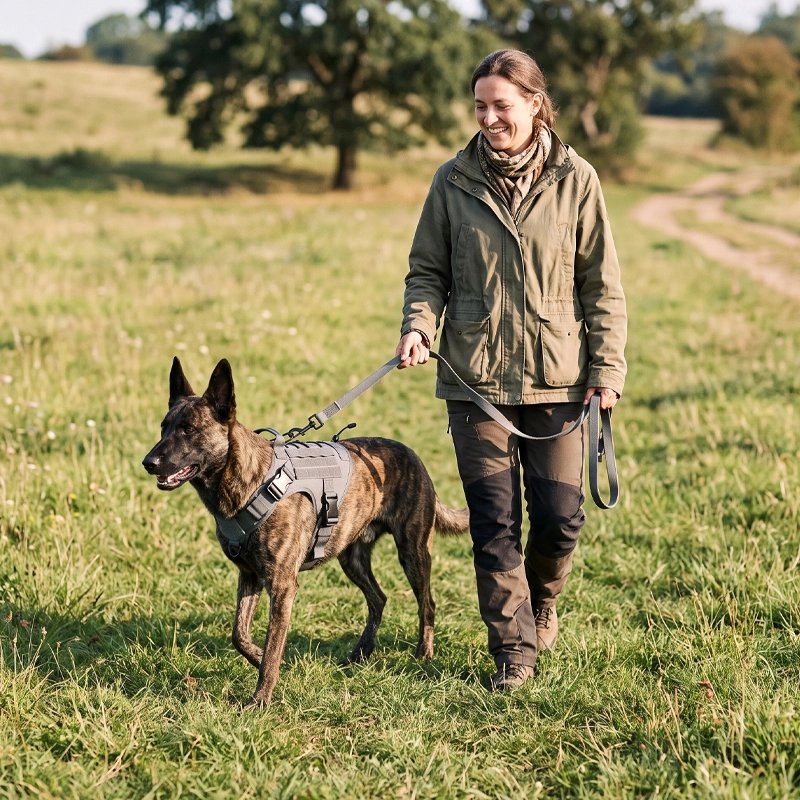 Harnais tactique chien qui se promene en laisse